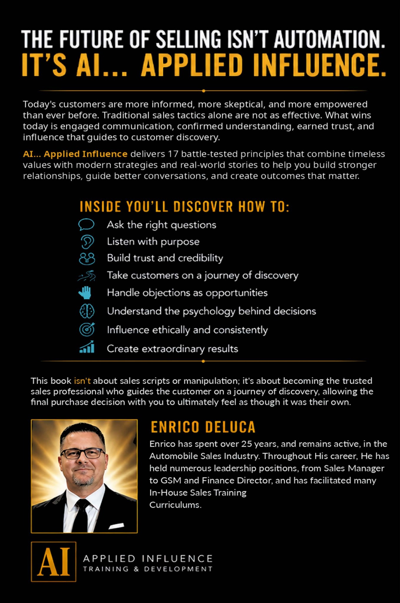 Full original back cover of AI… Applied Influence, including its description, principles and author biography